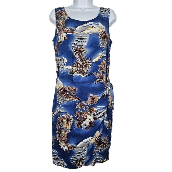 90s Hilo Hattie Hawaiian Tropical Print Sleeveless Sheath Dress Side Tie Blue M - Picture 1 of 11